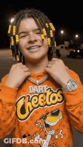 Young Man In Cheetos Sweatshirt With Dreadlocks GIF