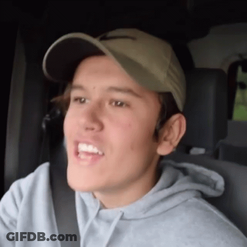 Young Man In Hat And Grey Hoodie Sitting In Car GIF