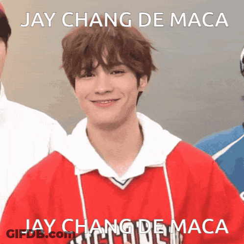 Young Man In Red Shirt With Jay Chang De Maca GIF