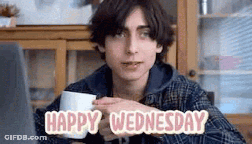 Young Man Saying Happy Wednesday With Coffee GIF