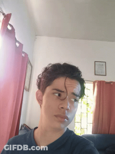 Young Man Taking Selfie In Living Room With Red Curtains GIF