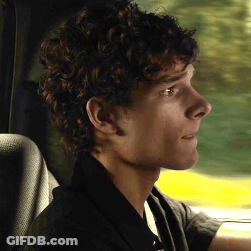 Young Man With Curly Hair In Driver's Seat GIF
