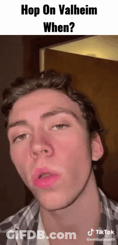 Young Man With Pink Lipstick Making Funny Face Hop On Valheim GIF