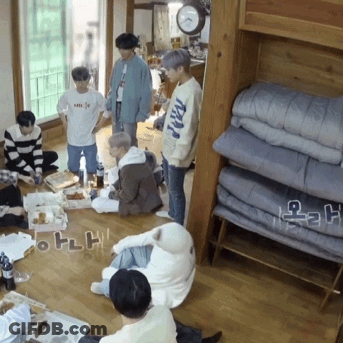 Young Men Gathering With Milk Shirt GIF