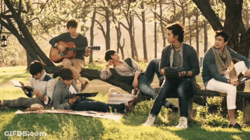 Young Men Having Picnic With Guitar GIF