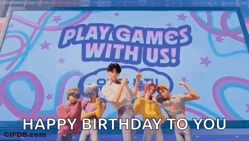 Young Men Standing In Front Of Birthday Billboard GIF