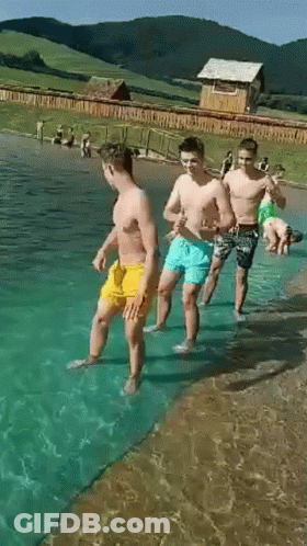 Young Men Swimming Pool Mountain Background GIF