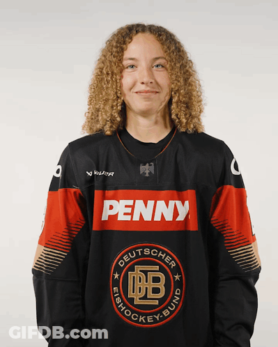 Young Woman In Black And Red Jersey Saying Penny GIF