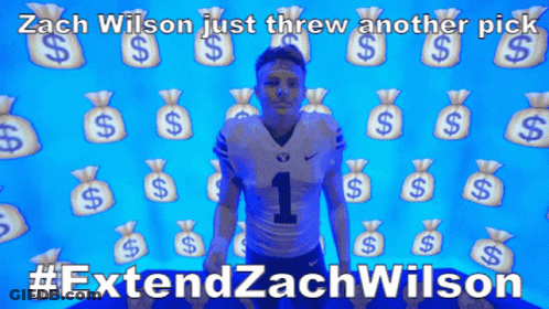 Zach Wilson Just Threw Another Pick #Extendzachwilson On A Blue Background GIF