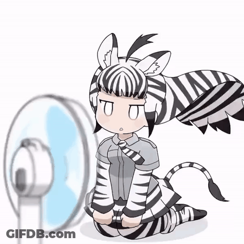 Zebra Girl Kneeling In Front Of Fan GIF