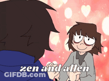 Zen And Allen Holding Hands With Hearts Behind GIF