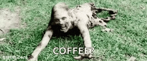 Zombie Crawling In Grass With Coffee Question GIF