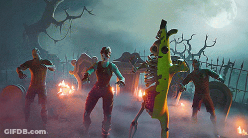 Zombies Standing Around Skeleton Banana In Cemetery GIF