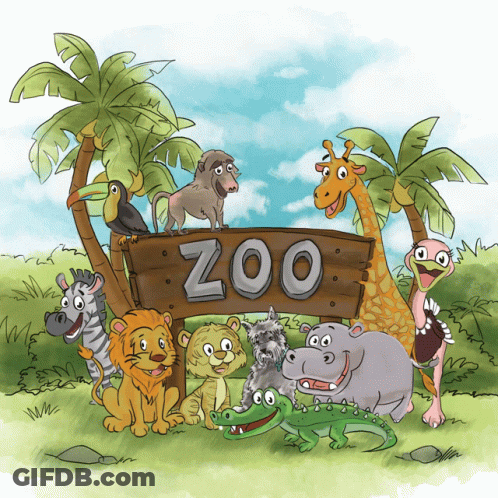 Zoo Sign Surrounded By Cartoon Animals And Palm Trees GIF