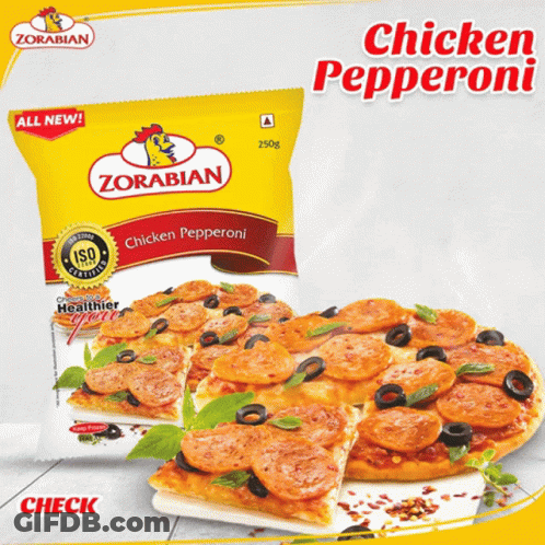 Zorabian Chicken Pepperoni Pizza Bag Next To Pizza GIF