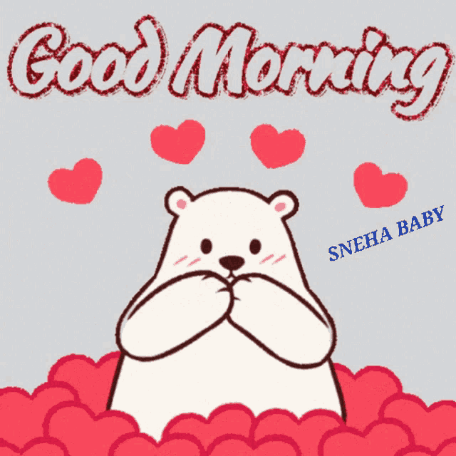 Romantic Good Morning Flying Kiss Animated Bear Hearts GIF 