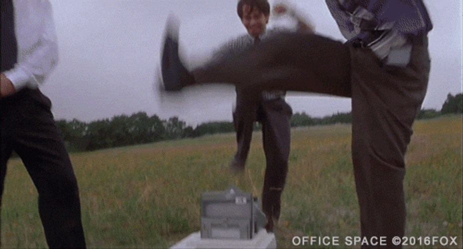 1999 Film Office Space Workers Kicking Printer Scene GIF