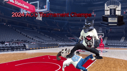 2024 ACC Tournament Champs Wolf Mascot Basketball Court