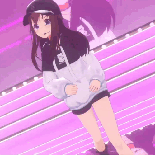 3D Anime Girl with Hat and Hoodie Pink Wall