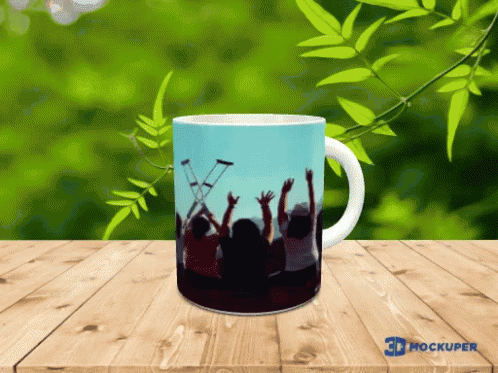 3D Mockup Mug With People Raising Arms