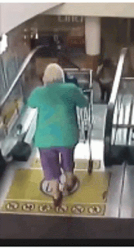 Old Lady Falling Off The Escalator GIF