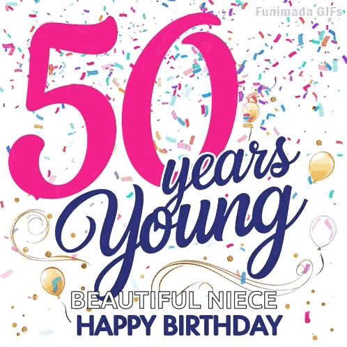 50 Years Young Beautiful Niece Happy Birthday Greeting Card With Balloons And Confetti GIF