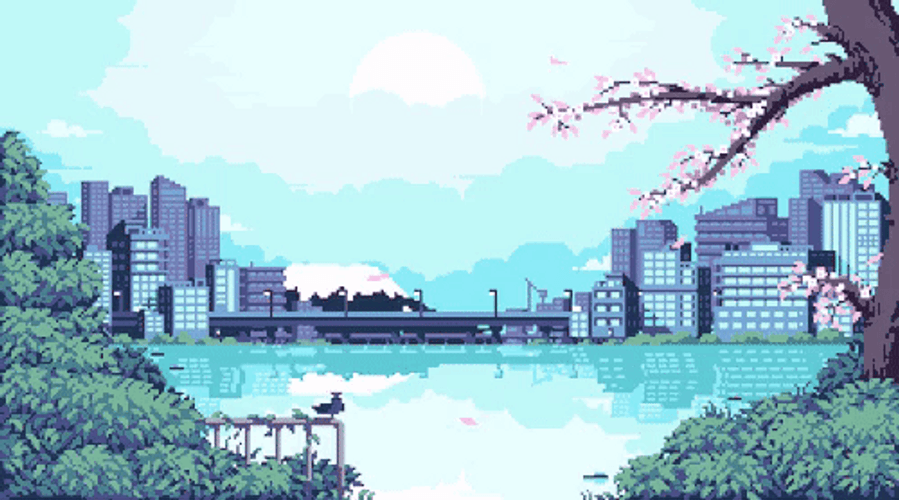 8-bit Japan River Skyline GIF