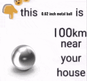 A 0.62 Inch Metal Ball Is Sitting On A White Surface Next To A Sign That Says 41 Km Near You GIF