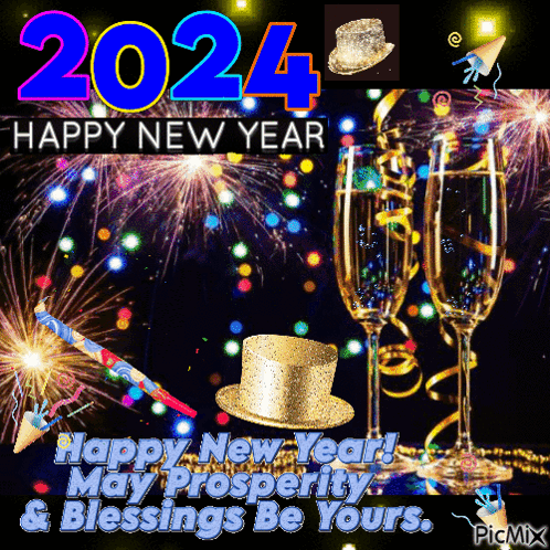 A 2024 Happy New Year Greeting With A Top Hat And Champagne Glasses GIF