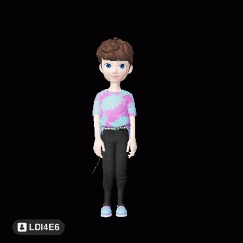 A 3D Animation Of A Boy In A Tie Dye Shirt And Black Pants GIF