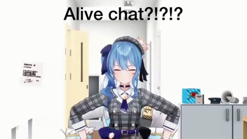 A 3D Anime Girl With Blue Hair Is Standing In A Room . GIF