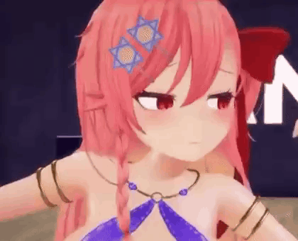 A 3D Anime Girl With Pink Hair And Red Eyes Is Wearing A Blue Dress And A Necklace . GIF