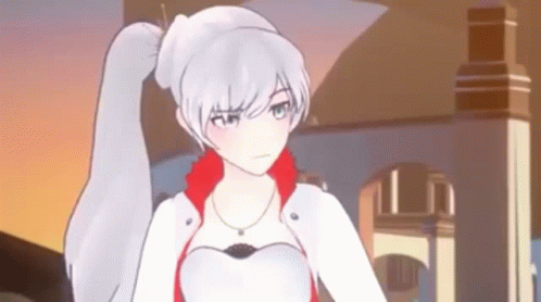 A 3D Anime Girl With White Hair And A Red Jacket Is Standing In Front Of A Building . GIF