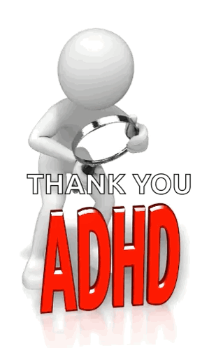 A 3D Man Holding A Magnifying Glass With The Words Thank You Adhd GIF
