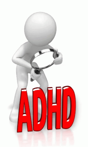 A 3D Man Is Holding A Magnifying Glass And Looking At The Word Adhd GIF