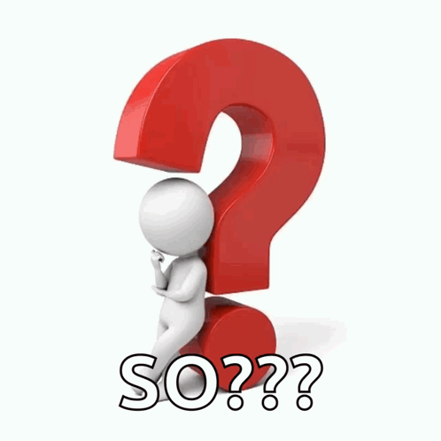 A 3D Man Scratches His Head In Front Of A Red Question Mark That Says So GIF