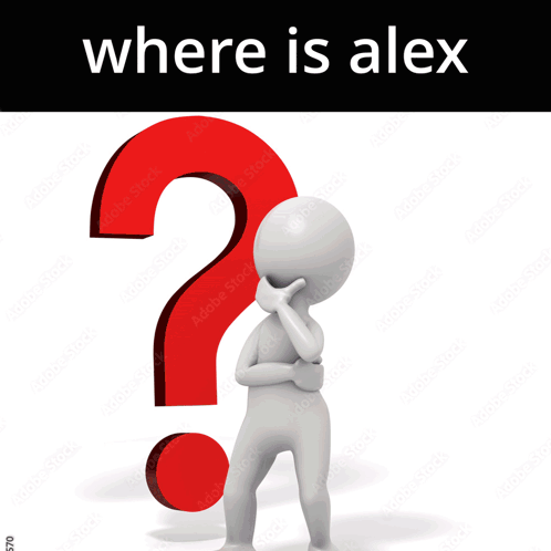 A 3D Man Standing In Front Of A Red Question Mark With The Words " Where Is Alexx " On The Bottom GIF