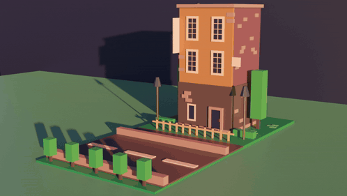A 3D Model Of A Building With A Fence And Trees In Front Of It GIF