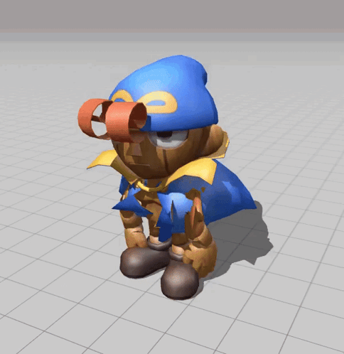A 3D Model Of A Cartoon Character With A Blue Hat And A Yellow Cape GIF
