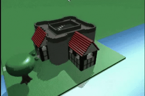 a 3d model of a castle with red roofs