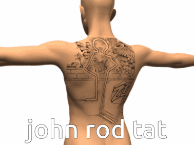 A 3D Model Of A Man With A Tattoo On His Back And The Name John Rod Tat On The Bottom GIF