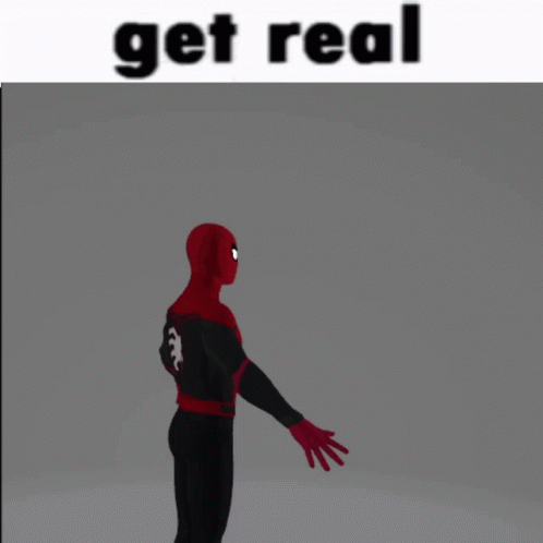 a 3d model of a spiderman with the words get real written above him