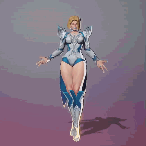 A 3D Model Of A Woman In A White And Blue Outfit GIF