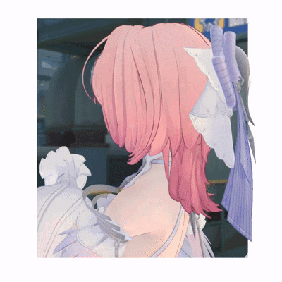 A 3D Rendering Of A Girl With Pink Hair And A White Dress GIF