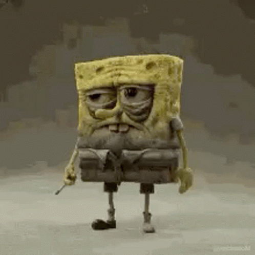 A 3D Rendering Of A Spongebob Squarepants Character With A Mustache Holding A Sword . GIF