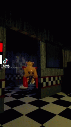 A 3D Rendering Of Five Nights At Freddy 'S With A Yellow Teddy Bear And A Checkered Floor . GIF