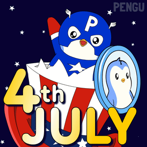 A 4Th Of July Poster With A Penguin In Captain America 'S Cape GIF