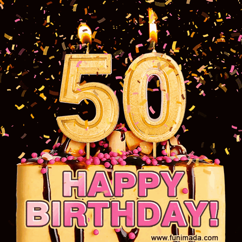 A 50Th Birthday Cake With Candles And Confetti On It GIF