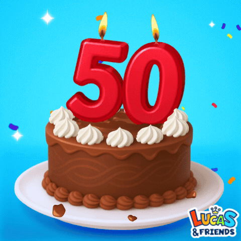 A 50Th Birthday Cake With Lucas & Friends Written On The Bottom GIF
