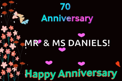 A 70Th Anniversary Greeting Card With Flowers And Butterflies GIF